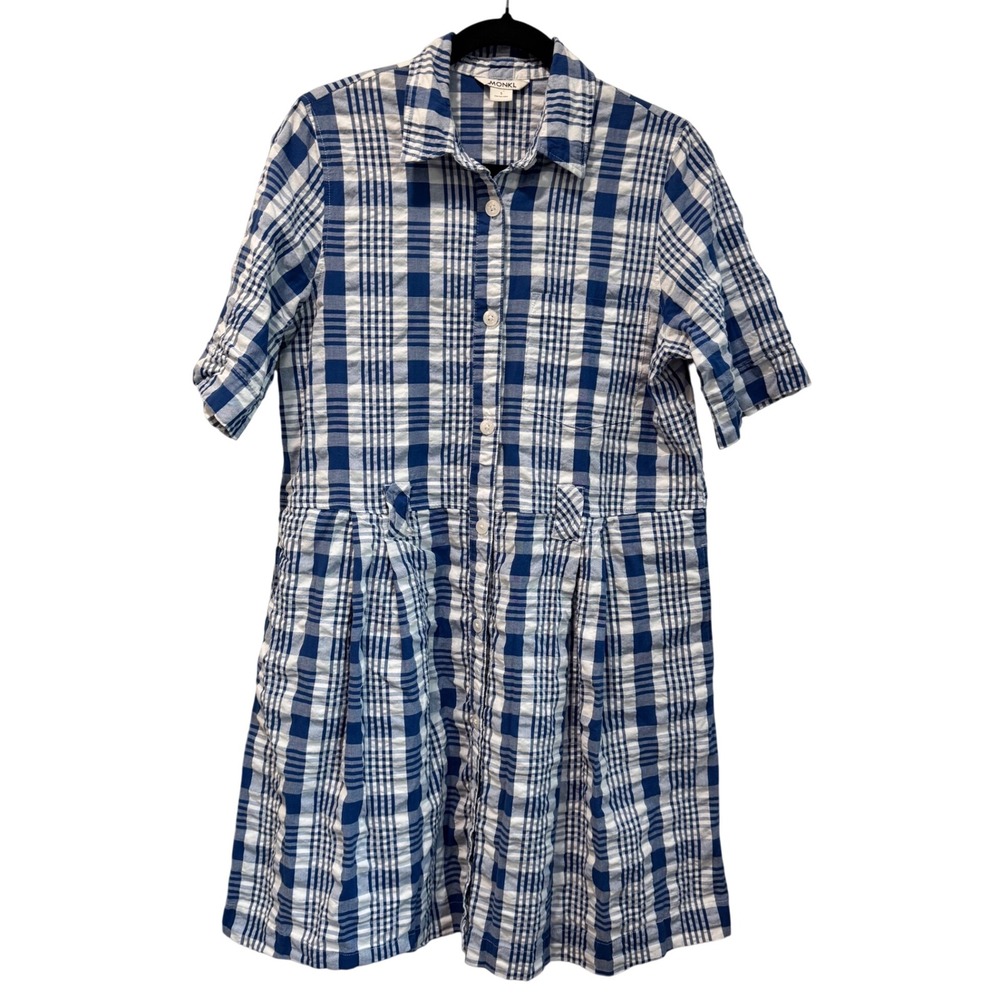 Monki Womens Blue White Plaid Cotton Button Down‎ Short Sleeve Shirt Dress Small